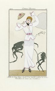 تصميم فستان أبيض بحافة وردية وحزام كروشيه ، من Costumes Parisien ، سنة 1912 (طباعة pochoir) بواسطة جورج حلاق