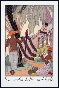 La Belle Indolente ، الطباعة الحجرية لجورج باربييه (1882-1932) ، من Falbalas et Fanfreluches ، Almanach des Modes Presentes ، Passees et Futures ، فرنسا ، القرن العشرين بواسطة جورج حلاق