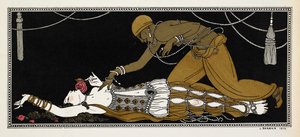 Nijinsky مثل العبد الذهبي في شهرزاد ، وهو جناح سيمفوني من تأليف نيكولاي ريمسكي كورساكوف في عام 1888. شهرزاد هنا على فراش الموت ، والعبد الذهبي يتكئ عليها بواسطة جورج حلاق