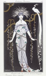 فستان سهرة من الديباج الفضي وشعر مستعار - رسم لجورج باربييه (1882-1932). في "" Journal des dames et des mode: Costumes Parisiens "" بواسطة جورج حلاق