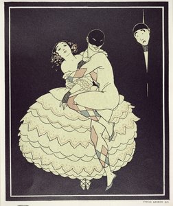 تمارا كارسافينا (1885-1978) مثل كولومبين وفاسلاف نيجينسكي (1890-1950) مثل Harlequin في Fokine &39;Carnaval&39; في عام 1910 ، حانة. 1914 (طباعة pochoir) بواسطة جورج حلاق