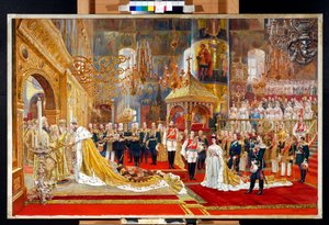 تتويج القيصر ألكسندر الثالث ملك روسيا (1845-1894) والإمبراطورة ماريا فيودوروفنا (داغمار الدنماركي) (1847-1928) - عمل فني لجورج بيكر (1845-1909) بواسطة جورج بيكر