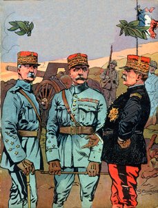 ماريشال جوزيف جاك سيزير جوفر (1852-1931) وماريشال فرديناند فوش (1851-1929) وماريشال فيليب بيتان (1856-1951) ، محررو فرنسا العظماء خلال الحرب العالمية الأولى - رسم توضيحي لجورج كونراد (1874-1936) مأخوذ من "" Nos-Gires بواسطة جورج كونراد