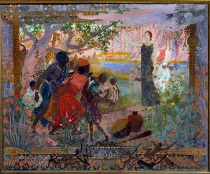 Academic art or firefighter: “The conquete of Africa”” Allegory about colonialism representing a young white woman solemnly advancing towards frightened African families. Painting by Georges Antoine Rochegrosse (1859-1938) 1900 Paris, Musee du Luxembourg - بواسطة جورج ماري روشجروس