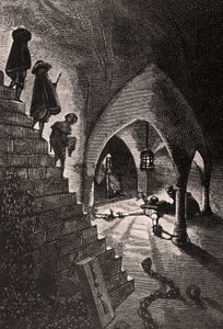 La Cave Pénale - صورة توضيحية من L&39;Homme qui rit ، القرن التاسع عشر (النقش بالأبيض والأسود) بواسطة جورج ماري روشجروس