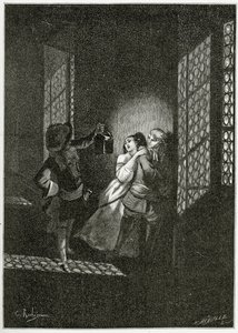 تم القبض على العشاق Ethel و Ordener من قبل اللفتنانت دالفيلد - التوضيح من Han d&39;Islande ، القرن التاسع عشر (bw engraving) بواسطة جورج ماري روشجروس