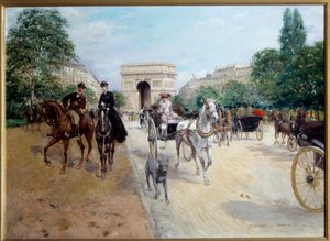 فرسان ومقرنات في شارع دو بوا في باريس أو فوند لارك دي تريومف. لوحة لجورج شتاين (نشط بين 1890 و 1910) القرن العشرين صن. 0،58x0،8 م باريس ، متحف كارنافالي بواسطة جورج ستاين