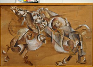 "" Lion Attaquant un cheval "(أسد يهاجم حصانًا) Peinture de Georgi Yakulov (1884-1928) زيت على playwood 1917-1918 خافت 99x149 سم معرض الدولة تريتياكوف ، موسكو