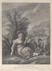 امرأة ريفية تجلس في منظر طبيعي مع ولدين إلى جانبها ، 1729-40.