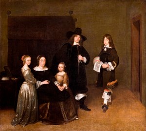 "بورتريه دي فاميلي" (صورة لعائلة) لوحة لجيرارد تير بورش (أو تيربيرج) الأصغر (1617-1681) - 1656 - ألوان زيتية على قماش ، مقاس 78 × 86.5 سم هالويلسكا ميوزيت ، ستوكهولم بواسطة جيرارد تير بورش
