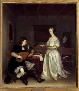 الثنائي؛ المغني وعازف العود Theorbo. لوحة لجيرارد تير بورش (1617-1681) ، هولندية بواسطة جيرارد تير بورش