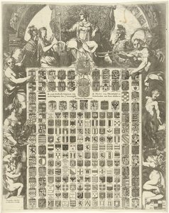 معاطف نبالة الأمير ويليم الثالث في إطار استعاري LXIIII Gender Arms of the Prince of Oraenjen وما إلى ذلك و Arms of the 7 United Netherlands مع مدنها وما إلى ذلك (العنوان على الكائن) بواسطة جيرارد دي لايرس