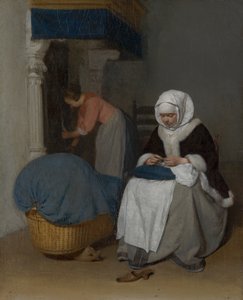 خياطة المرأة بجانب المهد ، ج .1656 بواسطة جيرارد تير بورش