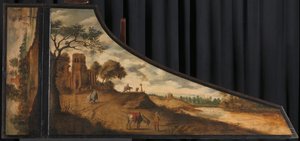 غطاء قيثاري الرسم على غطاء القيثاري مع المناظر الطبيعية الجبلية والمسافرين بواسطة جان فان دي فيلدي (الثاني) (رفض الإسناد)
