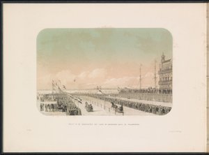 مسابقة الزلاجات التي تجرها الخيول على نهر ماس في روتردام ، 1855 منظر لسباق الحزام مع حصان ومزلقة ، على طول ويليمسكاد (العنوان على الكائن) الترفيه على الجليد في ماس في روتردام في فبراير 1855 ، مع تعليق (عنوان السلسلة على الكائن) بواسطة جيراردوس يوهانس بوس