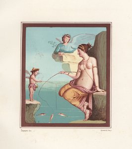 جدارية كوكب الزهرة وصيد كيوبيد بالقضبان من البحر. تم العثور عليها في Regio VI.XIV.28، تابيرنا لوسوريا. الطباعة الحجرية الملونة لفيكتور ستيجر بعد رسم توضيحي لجيريميا ديسكانو من إميل بريسون (1844-1878) أجمل لوحات بومبي، لي