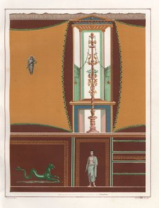 لوحة جدارية بألواح مؤطرة من فتحة (ممر ضيق) في Casa dell#39;Orso Ferito أو House of the Bear، Reg. السابع، الإضافية. II، رقم 45. الطباعة الحجرية الملونة لفيكتور ستيجر بعد رسم توضيحي لجيريميا ديسكانو من إميل بريسون (1844-1878)