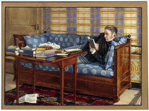 صورة للشاعر فاسيلي زوكوفسكي (1783-1852). (صورة للشاعر فاسيلي جوكوفسكي). مستلقيًا على أريكة ، يقرأ أمامه أكوامًا من الكتب على طاولة. عمل غيرهارد فيلهلم فون روترن (1794-1865) ، بقلم رصاص وألوان مائية على ورق بواسطة غيرهارد فيلهلم فون رويترن