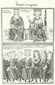 تصوير Sangerkrieg ، مسابقة بين المنشدين في قلعة Wartburg في تورينجيا في عام 1207 ، من Codex Manesse (نقش) بواسطة المدرسة الألمانية
