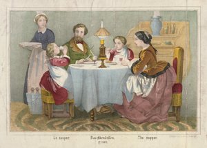 عائلة في وجبة المساء ، ورقة عريضة مصورة نشرها Haider & Cronberger ، شتوتغارت ، 1860 بواسطة المدرسة الألمانية
