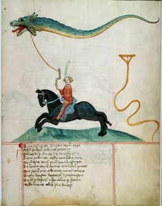 A knight holding a dragon flying deer Manuscript page of the German school of the 15th century. 1405 Gottingen, library of the University بواسطة المدرسة الألمانية