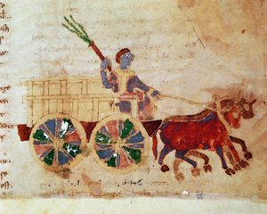 فلاح على عربة منمنمة من مخطوطة "" De Universo "(أو De rerum naturis (عن طبيعة الأشياء)) (كود 132) لرابانوس موروس ماجننتيوس (أو رابان مور أو رابانو ماورو) (حوالي 780-856 ). القرن التاسع. أرشيف دير مونتي كاسينو (جبل كاس بواسطة المدرسة الألمانية