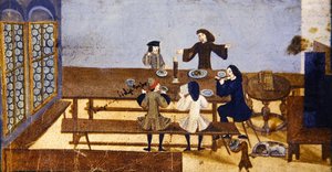 مشهد داخلي لحانة مع شخصيات تشرب ، حوالي عام 1690 (جواش على ورق) بواسطة المدرسة الألمانية