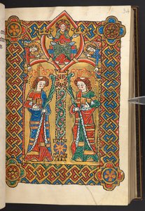 يضيف. 60629، f.34 المسيح والملائكة يتوجان قديسين رهبانيين (رق) بواسطة المدرسة الألمانية