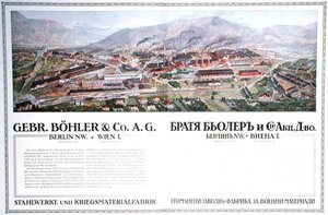 إعلان لمصنع الصلب والأسلحة التابع لشركة Gebr.Boehler & Co النمساوية ، من تقويم بلغاري ، حوالي عام 1916 (حجر ملون) بواسطة المدرسة الألمانية