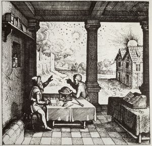 منجم يلقي برجك ، نسخة من رسم توضيحي من Utriusque Cosmi Historia بقلم روبرت فلود ، أوبنهايم 1617 ، تم استخدامه في تاريخ السحر ، نُشر في أواخر القرن التاسع عشر بواسطة المدرسة الألمانية