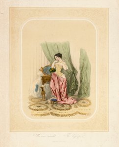 سيدة أنيقة على منضدة تضميدها ، طبعها F. Sala & Co ، برلين ، عام 1850 بواسطة المدرسة الألمانية