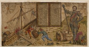 صورة توضيحية تحتفل بحملة فرانسيس دريك ضد الإسبان، رسم توضيحي من quot;Hier steh ich Drach in Engelandtquot; (قلم وحبر مع طلاء على ورق) بواسطة المدرسة الألمانية
