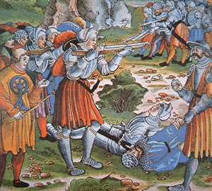 Armoured soldiers firing match-lock Arquebus, late 15th century (hand coloured woodcut) بواسطة المدرسة الألمانية