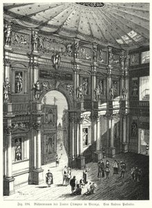 Auditorium and stage of the Teatro Olimpico, Piacenza, Italy, designed by Andrea Palladio (engraving) بواسطة المدرسة الألمانية