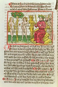 Belial تقديم آدم وحواء إلى سليمان ، رسم توضيحي من الترجمة الألمانية لداس بوش بيليال ، 1473 (قطع خشبية ملونة) بواسطة المدرسة الألمانية