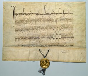 ثور تشارلز الرابع (1316-78) الإمبراطور الروماني المقدس ، 29 يناير 1365 (حبر على رق مع ختم ذهبي) بواسطة المدرسة الألمانية