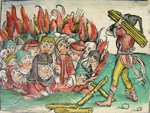 حرق اليهود ، نشر في نورنبرغ كرونيكل ، 1493 بواسطة المدرسة الألمانية