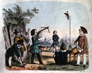 أطفال يطلقون النار على هدف بأركويبوس ، حوالي عام 1860 (نقش ملون) بواسطة المدرسة الألمانية