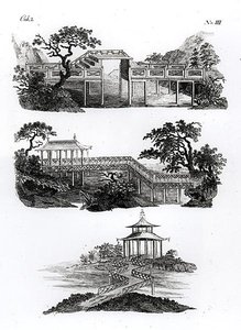 جسور على الطراز الصيني من "الأفكار الجديدة الحديثة للحديقة" ، نُشرت عام 1779 (نقش) (صورة بالأبيض والأسود) بواسطة المدرسة الألمانية
