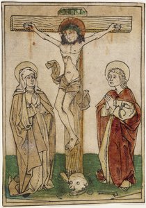 المسيح على الصليب مع مريم والقديس يوحنا ، 1470-80 (قطع خشبية ملونة باليد على الرق) بواسطة المدرسة الألمانية