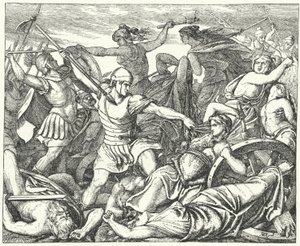 نساء Cimbrian يدافعن عن قطار أمتعتهن ضد مهاجمة الجنود الرومان ، أواخر القرن الثاني الميلادي (نقش) بواسطة المدرسة الألمانية