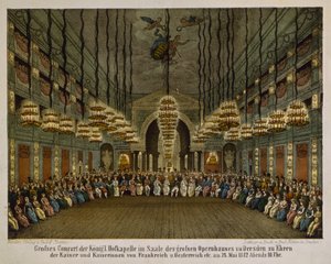 حفل الفرقة الملكية في قاعة دار الأوبرا في درسدن تكريما للزوجين الإمبراطوريين ، 1812 (لون ليثو) بواسطة المدرسة الألمانية