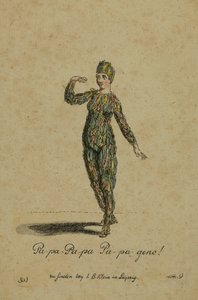 تصميم الأزياء لدور Papageno في الأوبرا The Magic Flute بواسطة Wolfgang Amadeus Mozart ، نشر في Leipzig بواسطة IB Klein ، 1793 (نقش الألوان) بواسطة المدرسة الألمانية