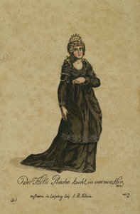 تصميم أزياء لدور ملكة الليل في الأوبرا The Magic Flute من تأليف Wolfgang Amadeus Mozart ، تم نشره في Leipzig بواسطة IB Klein ، 1793 (نقش الألوان) بواسطة المدرسة الألمانية