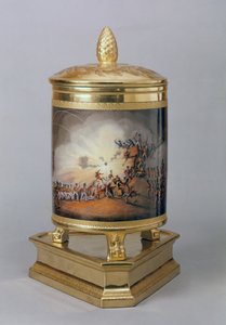 وعاء مغطى يصور اقتحام سيوداد رودريغو ، من خدمة العشاء البروسي ، برلين ، 1816-1919 (البورسلين والذهب)