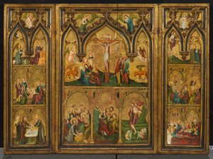 الصلب الثلاثي (المعروف سابقًا باسم Estouteville Triptych) ، حوالي 1374 (تمبرا على اللوحة) بواسطة المدرسة الألمانية
