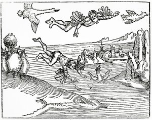 ديدالوس ، هاربًا من كريت مع ابنه ، إيكاروس ، يراه يسقط حتى وفاته ، 1493 (نقش قطع خشبية) بواسطة المدرسة الألمانية