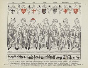 Election of Henry VII of Luxembourg as Holy Roman Emperor, Frankfurt, 27 November 1308 (colour litho) بواسطة المدرسة الألمانية