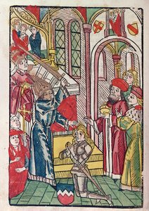 الإمبراطور سيجيسموند (1367-1437) من لوكسمبورغ يطلق على فارس (قطع خشبية ملونة) بواسطة المدرسة الألمانية