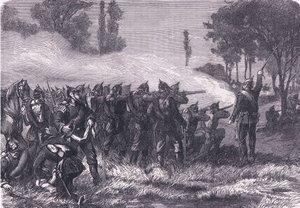 لقاء في الغابة قبل Metz ، Cassells History of the War بين فرنسا وألمانيا الذي نشرته Cassell and Company Limited ، c1890 (litho) بواسطة المدرسة الألمانية